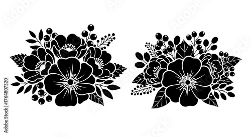 Elegant black floral arrangements two detailed botanical compositions in silhouette