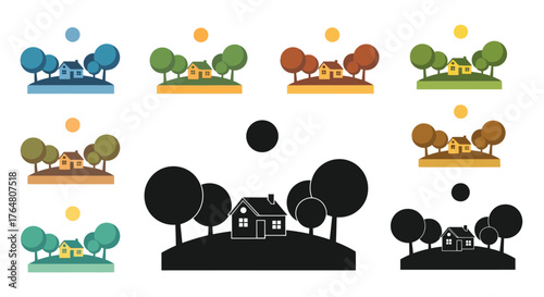 Illustrative depictions of houses with trees in varying seasonal color schemes