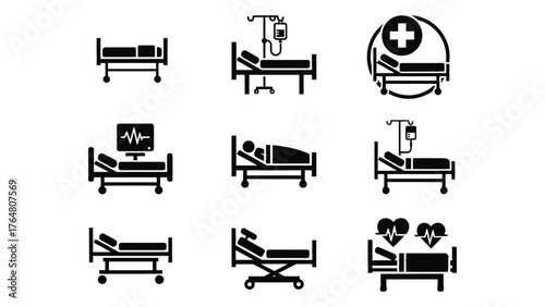 Collection of medical hospital bed icons representing healthcare services and patient care silhouette