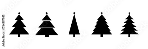 Christmas tree, set of icons. Black silhouette isolated on a white background, vector illustration. Festive simple flat pine tree shape with a star. New Year's symbol for decoration, design
