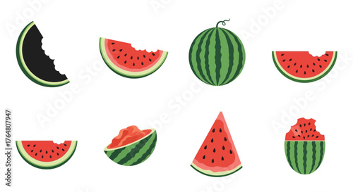 Colorful illustration of various watermelon slices and a whole fruit
