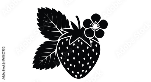 Simple black and white illustration featuring a strawberry and blossoming flower