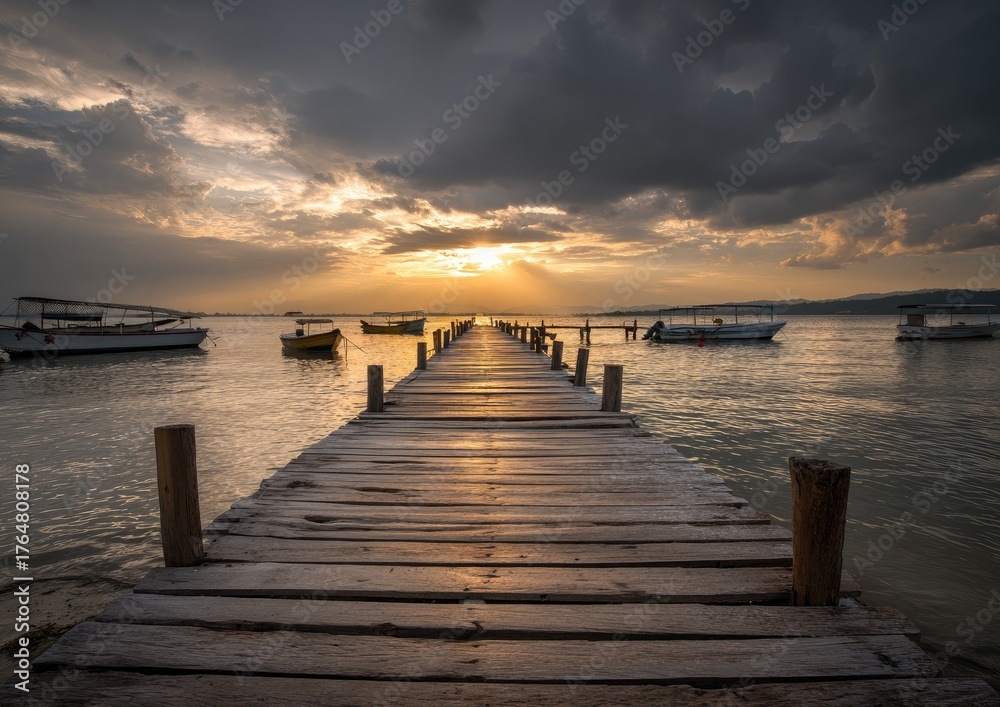 Obraz premium Wooden pier extends toward setting sun, boats anchored in serene water, dramatic cloudscape
