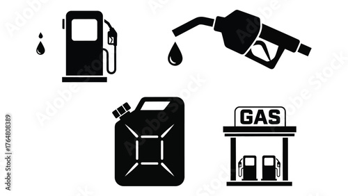 Set of gas station icons fuel pump jerry can and droplets clipart for transportation and energy silhouette