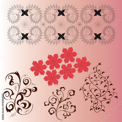 DECORATIVE ART 01  a collection of floral and decorative vector designs on a pink gradient background.