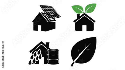 Four icons representing sustainable home energy solutions and environmental care silhouette
