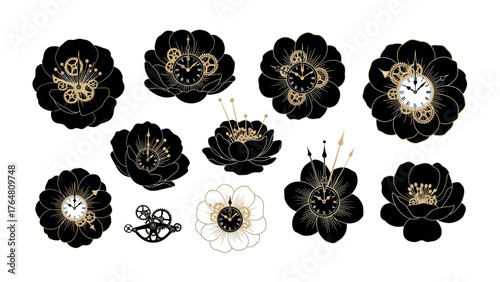 Mechanical Blooms: A captivating collection of artistic floral designs, each petal delicately crafted to resemble intricate clock mechanisms. Capturing the artistry and precision. 