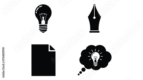 Set of four black icons lightbulb pen nib document and thought bubble with lightbulb silhouette
