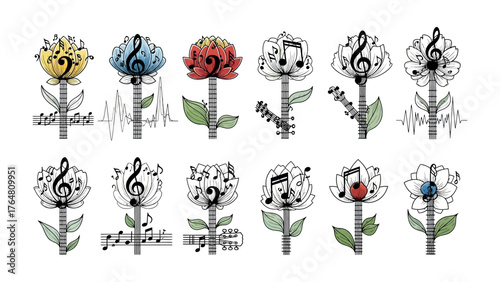 Musical Flowers: A delightful illustration showcases a garden of vibrant flowers, each delicately crafted with musical notes and symbols, celebrating the harmony between nature and music.
