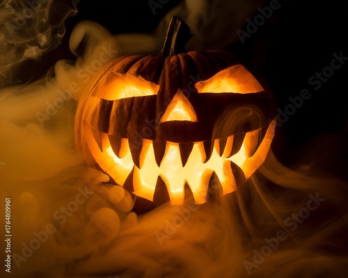 Terrifying glowing jack-o’-lantern with sharp teeth and smoky mist — ideal for spooky Halloween posters, horror designs, or party invitations.