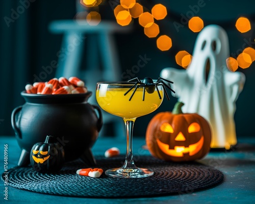 Halloween party setup with a festive cocktail, candy corn, and glowing jack-o’-lanterns surrounded by ghost decorations and warm lights — perfect spooky celebration vibe.