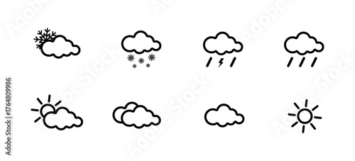 Collection of weather icons in cartoon style. Sun, cloud, snow, and rain symbols. Flat vector illustration isolated on white background.
