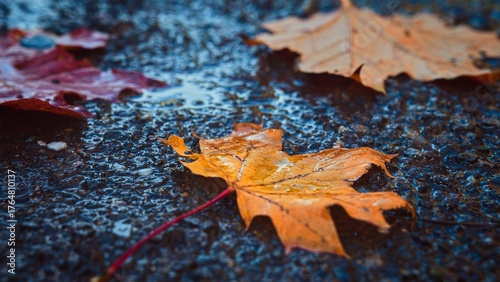three fallen colorful milk maple leaves in autumn
