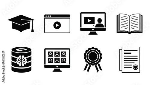 Education technology icons digital learning graduation certificate award online study silhouette