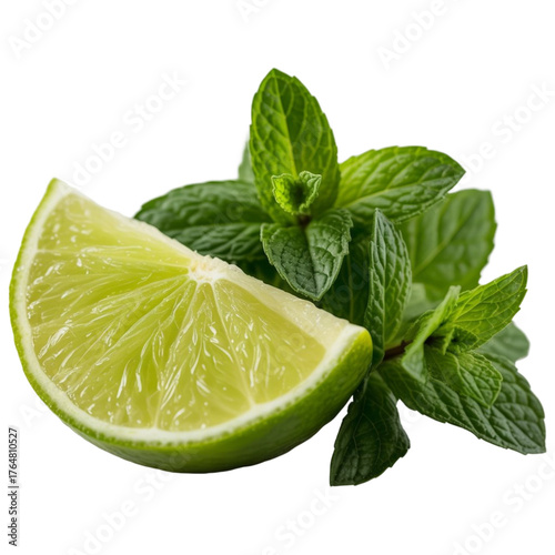 Refreshing lime wedge and fresh mint leaves natural ingredients for beverages and cuisine