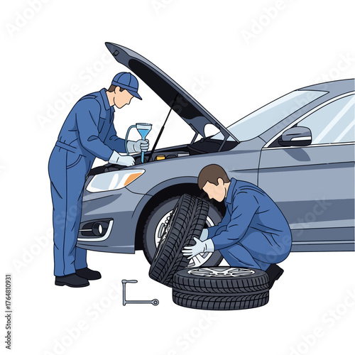 Mechanics working on car engine and changing tires, depicting automotive repair services, vehicle maintenance, and tire replacement