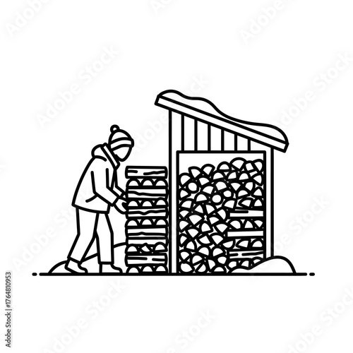 Person stacking firewood next to wood shed filled with logs, preparing for winter, outdoor activity and fuel storage, scene depicting selfsufficiency and seasonal preparation for cold weather