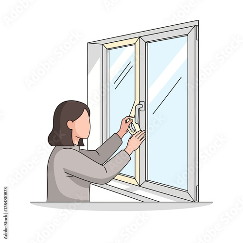 Woman closing window, home maintenance and weatherproofing, ensuring security and comfort inside the house during different seasons, simple and clean visual representation everyday tasks