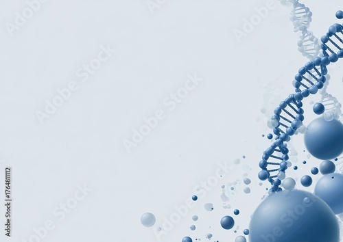 Abstract digital rendering of DNA helix, molecular spheres, and particles. Light and airy