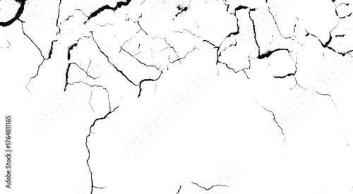 Decayed Surface Texture with Broken Patterns. Chaotic Black Crack on Minimalist White Background