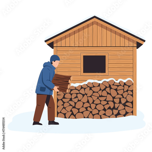 Man carrying firewood logs to wooden cabin with large pile wood in front, surrounded by snow during winter season