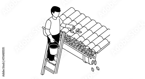 Man cleaning clogged gutter full leaves from ladder