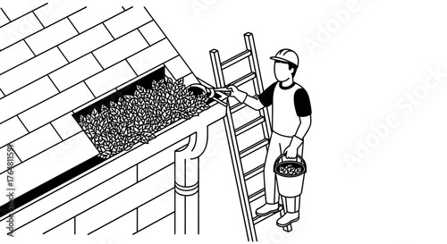 Gutter cleaning service, worker on ladder removing leaves from clogged gutter, holding bucket and scoop