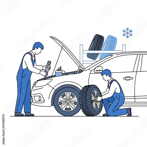 Two mechanics servicing car with its hood open, one checking the engine and the other replacing tire, with spare tires on rack in the