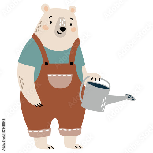 A cute gardener bear holding a watering can, flat vector illustration on a white background. Vector illustration