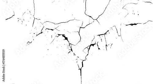 Concrete Destruction Texture with Grunge Effect. Chaotic Black Crack on Minimalist White Background