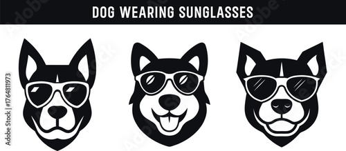 Dog head wearing sunglass black solid silhouette set, animal doggy head collection.