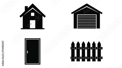 Collection of simple black icons featuring house garage door and fence elements silhouette