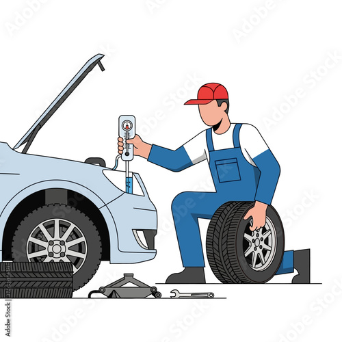 Car mechanic checking car fluid level with gauge, holding tire, with tools and spare tire nearby