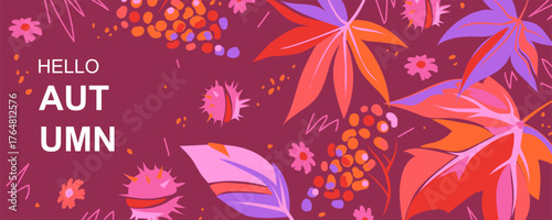 Fall horizontal banner with bright leaves, berries and flowers on burgundy background. Autumn template with maple leaves, rowan berries, chestnut fruits. Vector illustration