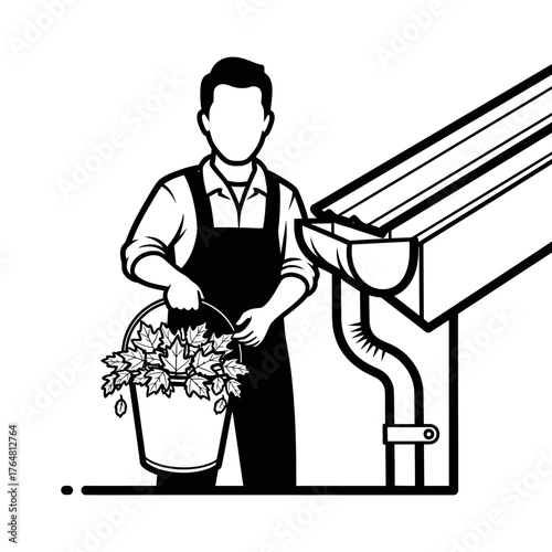 Line person in overalls holding bucket full leaves, standing next to cleaned house gutter and downspout