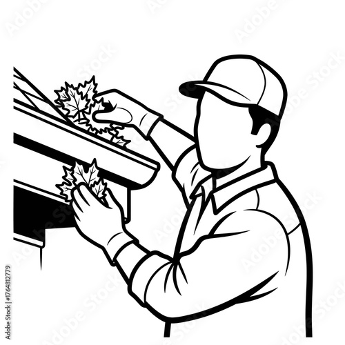 Line person wearing gloves and cap, manually removing autumn leaves from house gutter