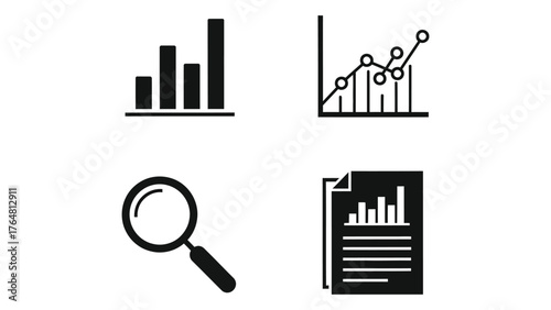 Business growth analytics and research icons set for financial reporting silhouette