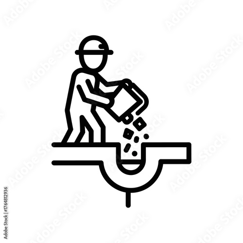 Icon construction worker pouring material into trench, symbolizing groundwork, infrastructure, or building process