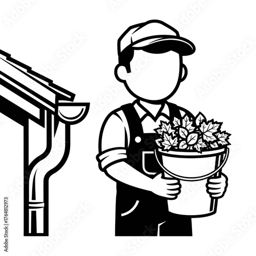 Gutter cleaning worker holding bucket full leaves next to downspout and gutter system, representing seasonal home maintenance and exterior cleaning services