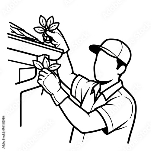 Gutter cleaning worker wearing gloves and cap, carefully removing leaves from roof gutter, highlighting the importance regular home upkeep and preventing water damage