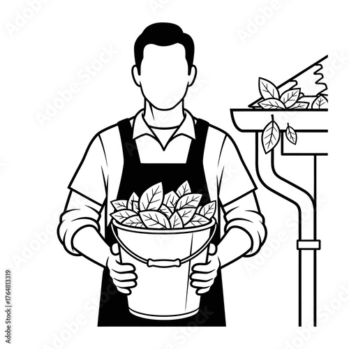Man holding bucket full leaves and debris, standing in front gutter