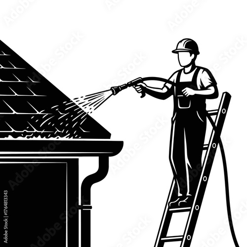 Worker pressure washing roof gutter from ladder, using hose to spray water and clean debris, professional exterior cleaning service