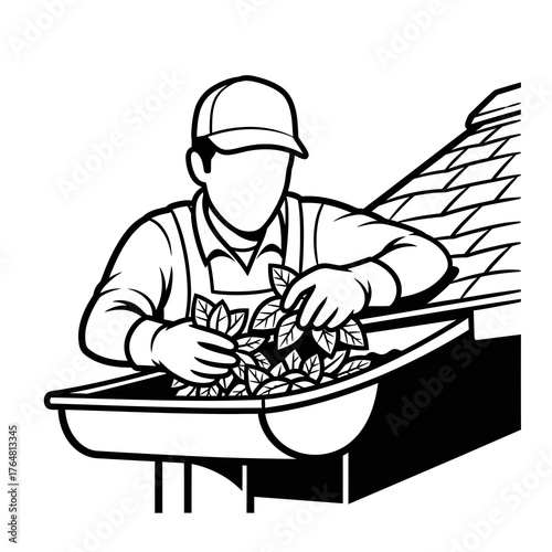 Man cleaning gutters by hand, removing leaves and debris from roof gutter, home maintenance and exterior cleaning task