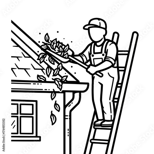 Worker on ladder cleaning leaves from house gutter, performing seasonal roof maintenance and clearing debris for proper water flow, manual labor
