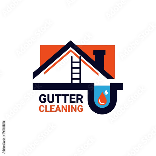 Gutter cleaning service logo featuring house silhouette with ladder and water drop in the drainpipe