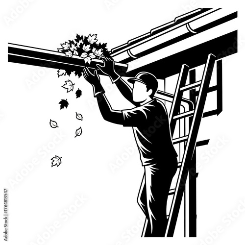 Man cleaning gutters on ladder