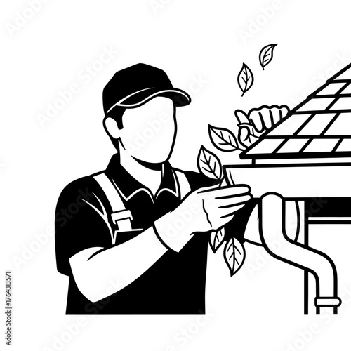 Closeup worker wearing gloves and cap, cleaning house gutters by hand, removing fallen leaves and debris, home exterior maintenance task
