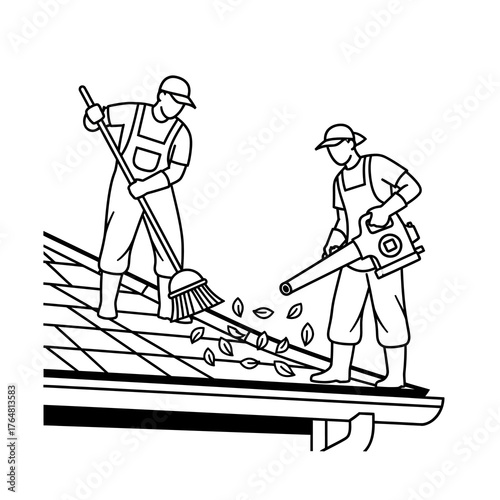 Two workers cleaning roof with broom and leaf blower, one worker sweeping leaves off the roof while the other uses leaf blower to clear debris
