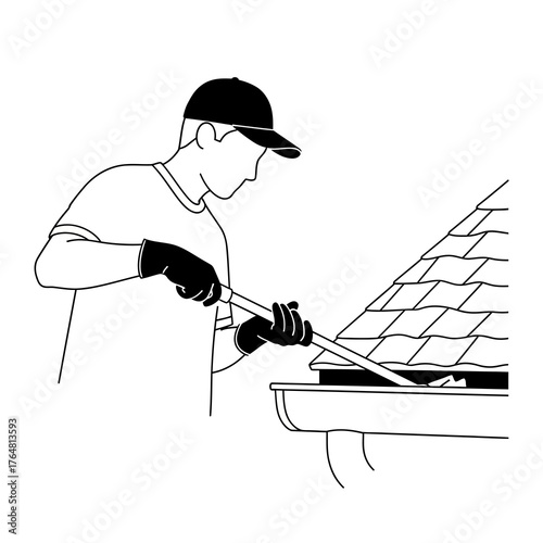 Person using tool to clean out clogged gutter on house