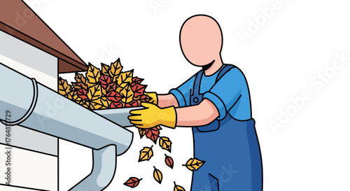 Person wearing gloves and overalls cleaning autumn leaves from house gutter
